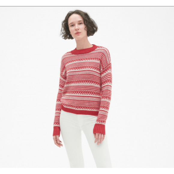 Gap Fair Isle Mock Neck Pullover Sweater Sz M Red Ivory Heavyweight Knit - Picture 1 of 9